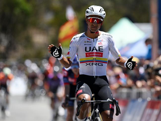 Ecuador’s Jhonatan Narváez, from Team UAE Team Emirates Xrg, celebrates at finish line as stage winner. Picture: Getty Images