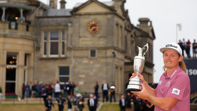 Cameron Smith celebrates with The Claret Jug after winning the 150th Open Championship. Picture: Kevin C. Cox/Getty Images