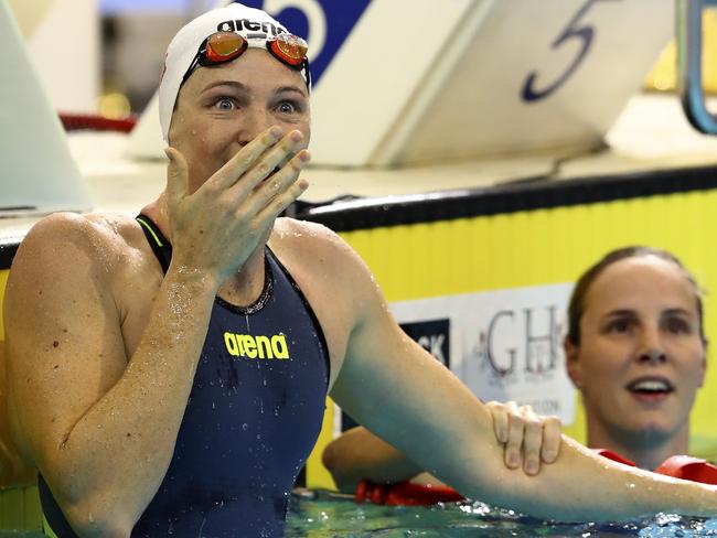 Cate Campbell in shock after she broke the world record for the 100m freestyle. Picture: Sarah Reed