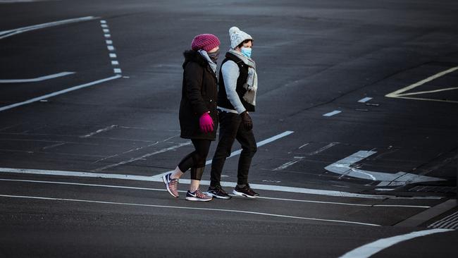 Women wearing masks walk along Sturt Street in Ballarat, Victoria, on August 21. Picture: Getty