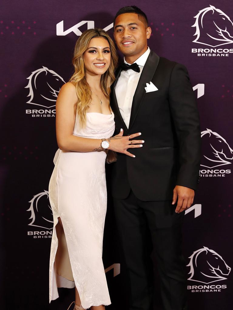 Miri Fa'i and Anthony Milford pictured at the Brisbane Broncos 34th Annual 2021 Paul Morgan Medal at the Brisbane Convention and Exhibition Centre. Photo: Josh Woning