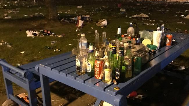 The mess left at Coogee Beach following Christmas Day celebrations on the water front. Picture: Christopher Ryan