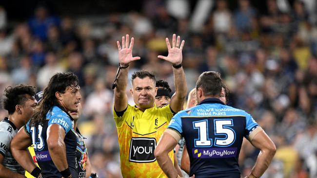 NRL 2025 RD08 North Queensland Cowboys v Gold Coast Titans - Jaimin Jolliffe, Chris Butler Referee , SIN BIN , On Report. Picture: NRL Photos
