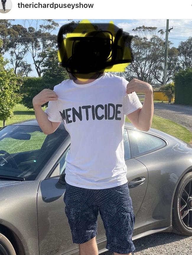 The account includes an image of a man wearing a t-shirt featuring the term ‘menticide’.