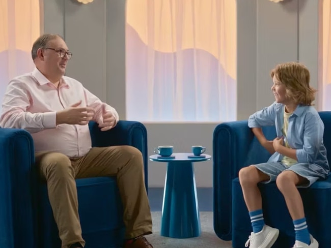 Monty Newton Welsh (right) hosting a 'talk show' in a commercial for UniSuper. Picture: Supplied.