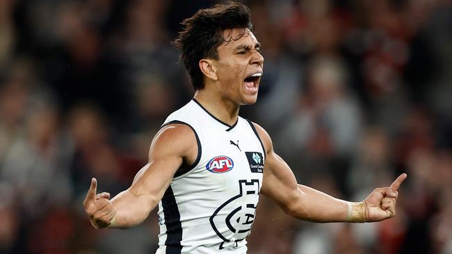 MELBOURNE, AUSTRALIA - AUGUST 6: Jesse Motlop of the Blues celebrates a goal during the 2023 AFL Round 21 match between the St Kilda Saints and the Carlton Blues at Marvel Stadium on August 6, 2023 in Melbourne, Australia. (Photo by Michael Willson/AFL Photos via Getty Images)