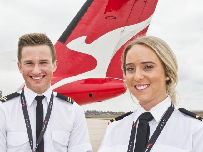 USQ students Tom Fanshawe and Kimberley Pike. Qantas pilot training academy announced for Wellcamp airport. Thursday, 27th Sep, 2018.