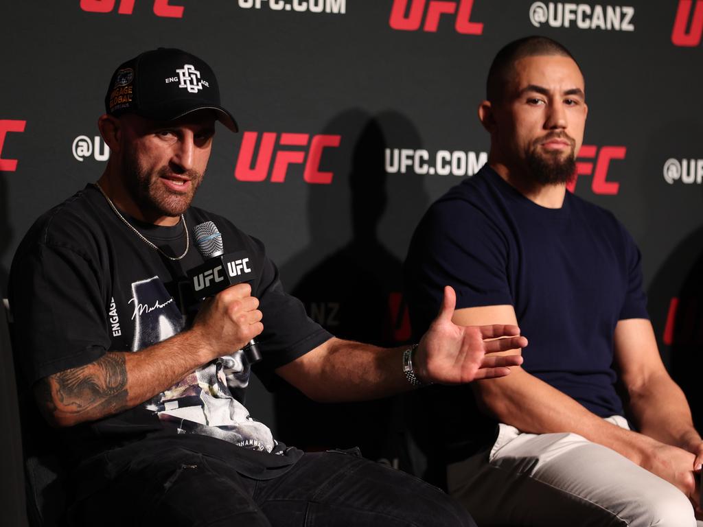 Volkanovski and Whittaker at Friday’s UFC 298 press conference. Picture: Mark Metcalfe/Zuffa LLC via Getty Images