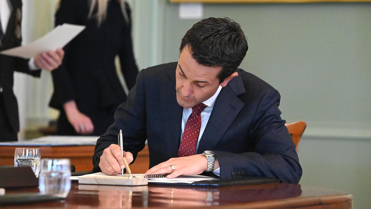 New premier of Queensland David Crisafulli at the formal swearing in at Government House. Picture: NewsWire / John Gass