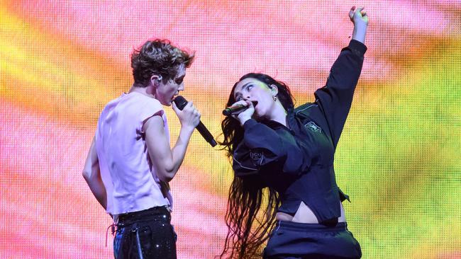 With Troye Sivan onstage during Sivan’s Something to Give Each Other Tour at OVO Arena Wembley in June. Picture: Katja Ogrin/Redferns