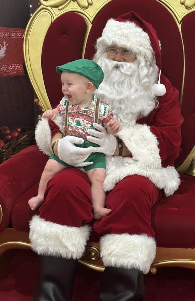 Dusty Rebbeck (runner up for Burnett's cutest baby 2023) with Santa: Kingaroy Shopping Centre 2023 - Burnett. Sent in by Tayla McCarthy.