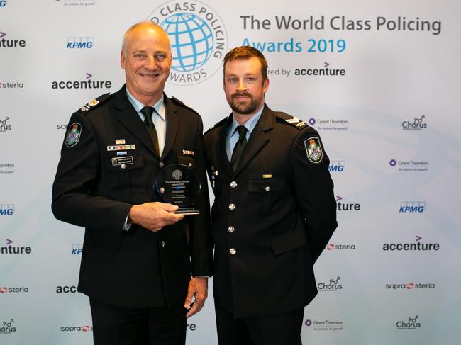 Senior Sergeant Michael Dwyer and Senior Constable Dustin Osborne of the Queensland Police Service at the World Policing Awards in London in 2019. Their Tactical First Aid Project was among six worldwide winners. Picture: Supplied