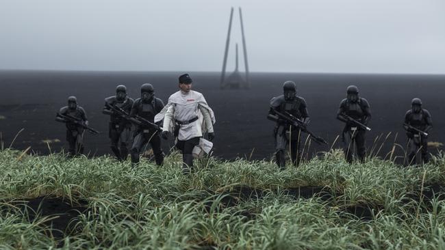 Mendelsohn makes his dramatic Rogue One entrance, backed by the all-new, all-Black Death Troopers. Picture: Disney