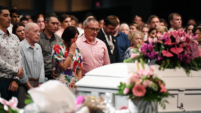 Hannah Clarke's brother Nat, her grandfather and parents Suzanne and Lloyd during the funeral for Hannah and her three children Aaliyah, Laianah and Trey. Picture: Dan Peled