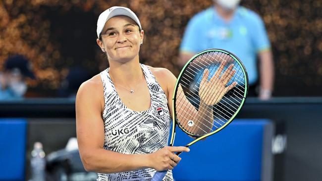 ‘Nice and clean’ … Ash Barty kicks off her Australian Open campaign with a 6-0 6-1 win over Lesia Tsurenko at Melbourne Park on Monday night. Picture: AFP