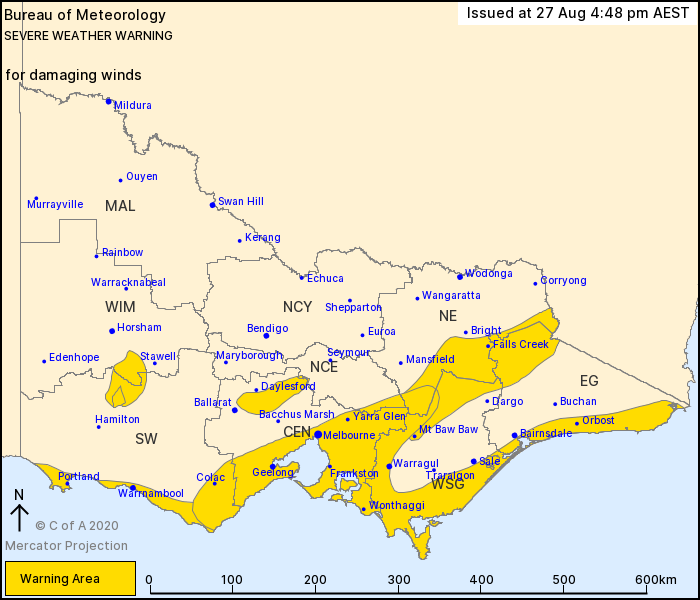 BOM has issued a severe weather warning for damaging winds for these districts.