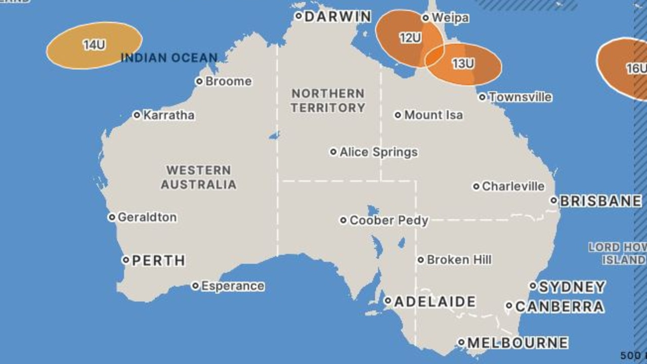 Five tropical lows, with three forming around Queensland, are heading for Australia. Picture: Bureau of Meteorology