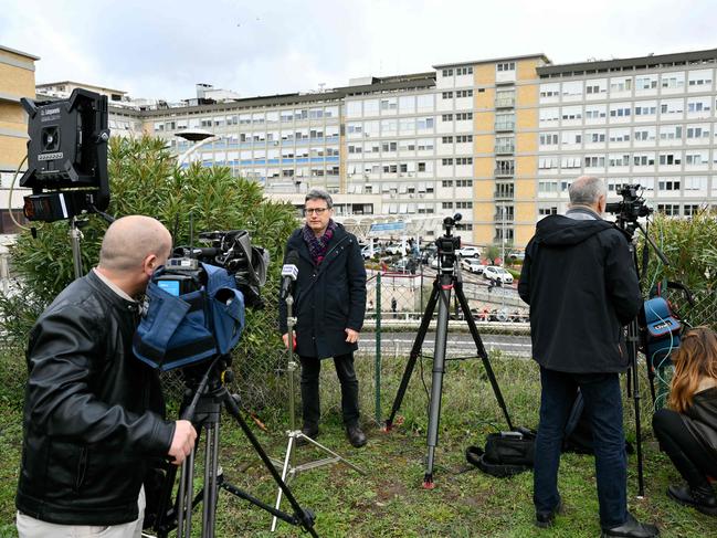 Media gathers in front of the Gemelli hospital where Pope Francis is hospitalised. Picture: AFP