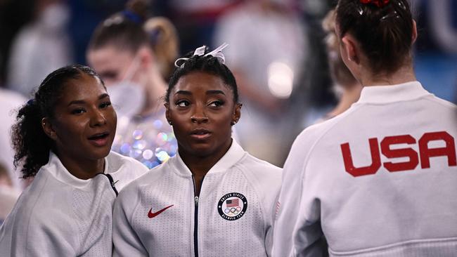 Simone Biles with teammates after the USA finished second in the artistic gymnastics women's final. Picture: AFP