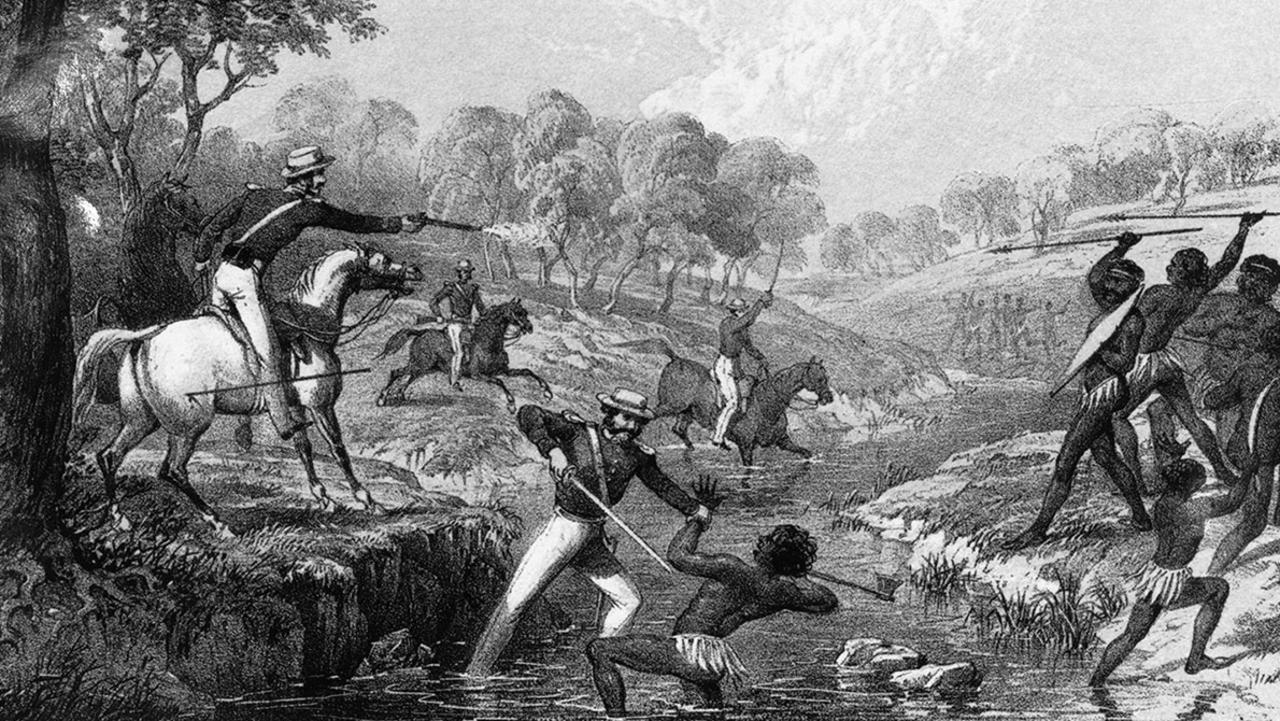 Held at the Australian War Memorial, this tinted lithograph depicts the Waterloo Creek massacre in 1838 by the New South Wales Military Mounted Police. Picture: supplied