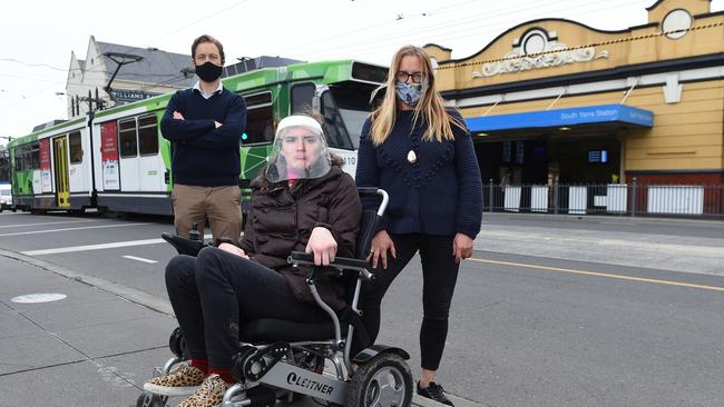 Prahran state Greens MP Sam Hibbins with disability advocates Stella Barton and Sarah Barton, want an accessible tram stop outside South Yarra railway station. Picture: Josie Hayden