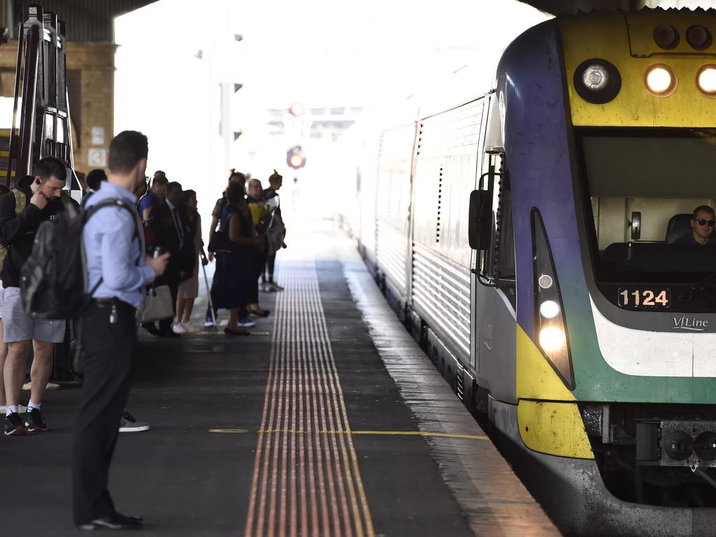 Fast train promise from politicians. Trains traveling through Geelong. Picture: Alan Barber