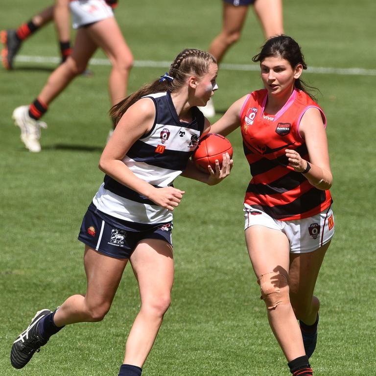 Junior under 15 Girls AFL Final between Broadbeach and Burleigh. Broadbeach's Kaedah Winch-Smith and Burleigh's Susanne Allen. (Photo/Steve Holland)