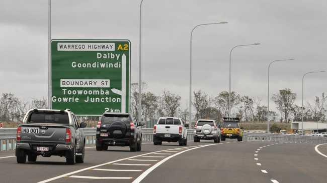 Officials drive in the first convoy of vehicles after the opening of a western section of the Toowoomba Second Range Crossing, Saturday, December 8, 2018. Picture: Kevin Farmer