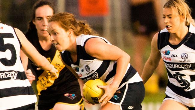 South Adelaide's Ely Haussen, pictured with the ball, is the SANFLW Player of the Week for round nine. Picture: Nick Hook