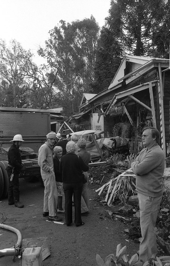 Historic: Toowooba: Accidents Semi-trailer crash at the Log Cabin Service Station on the Toowoomba Range in on 6th September,1978. Three men suffered minor injuries during the crash when the semi-trailer rolled taking out petrol bowsers. A car parked at the service station was also damaged. Photo: Bruce Mackenzie / The Chronicle Neg U869. Picture: Bruce Mackenzie