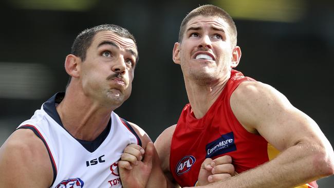 Taylor Walker contests the boundary throw in with Zac Smith. Picture: Sarah Reed.