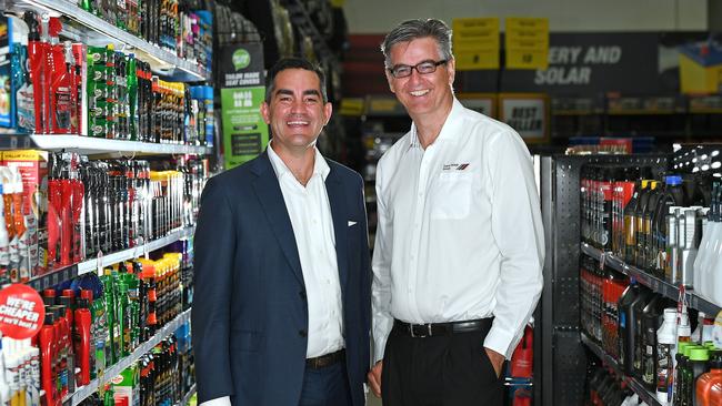 Incoming Super Retail Group CEO Anthony Heraghty with outgoing chief Peter Birtles at the Super Cheap Auto store in Lawton. Picture: AAP