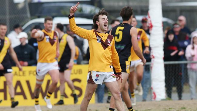 Jake Hargreaves celebrates the first goal of the game. Picture: Alan Barber