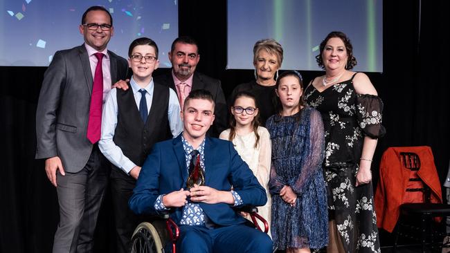 Max Murray (centre) was awarded the Elissa Flanagan ‘Aim High’ Scholarship. He is pictured with (from left) award sponsor and MP David Janetzki, Mikey, Robert, Grace and Emily Whitby, Vinita Saunders and Angela Brown. Picture: Matt Ryan