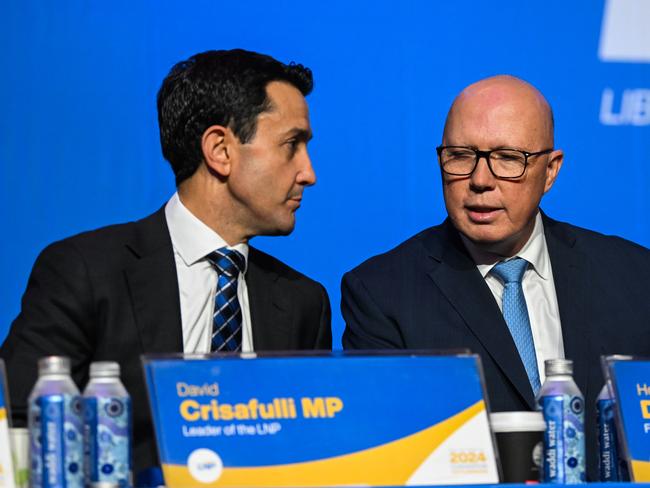 BRISBANE, AUSTRALIA - NewsWire Photos - JULY 6, 2024.Federal Opposition Leader Peter Dutton (right) and Queensland Opposition Leader David Crisafulli during the LNP Convention in Brisbane. Picture: Dan Peled / NewsWire