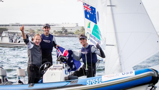 Matt Belcher, Will Ryan and coach Victor Kovalenko. Pic: Jesus Renedo/Sailing Energy