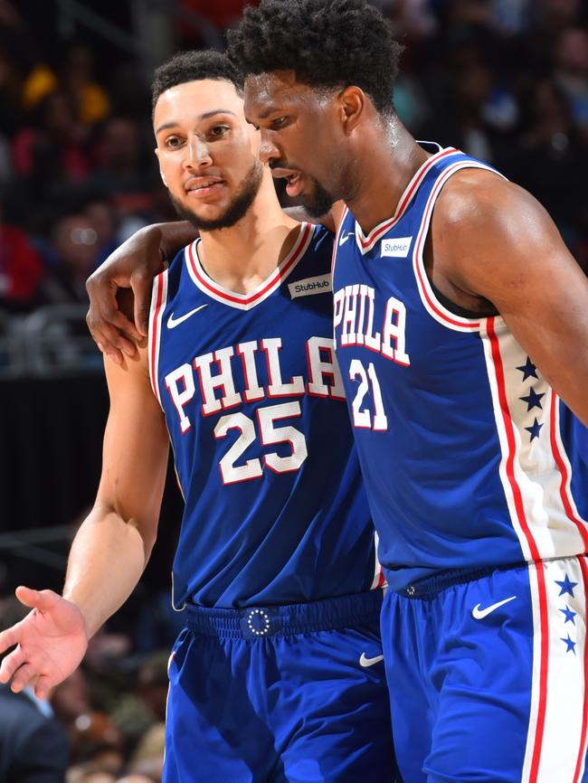 Ben Simmons with 76ers teammate Joel Embiid.