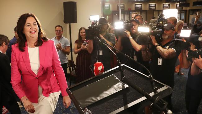 Annastacia Palaszczuk walks on stage to make her speech at the election after party, Blue Fin Fishing Club, Inala. Photographer: Liam Kidston.