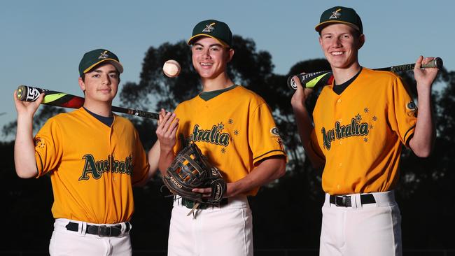 Alex Ranieri, 15, Solomon Maguire, 15, and Nicholas Chappell, 15, are headed to Panama in August after qualifying for the Australian squad for the under-15 Baseball World Cup. Pictures: David Swift