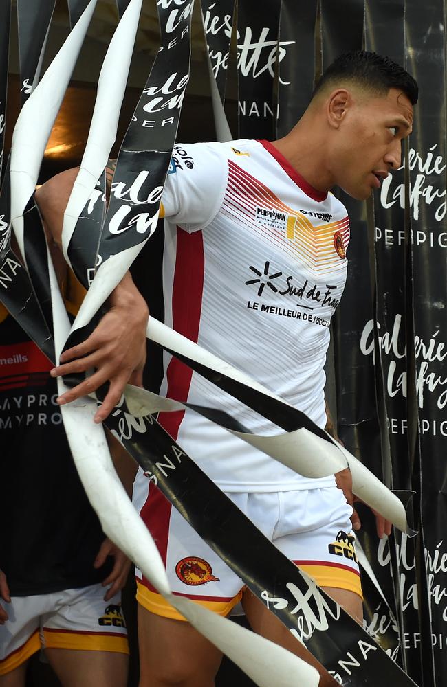 Israel Folau walks out for Catalans Dragons to take on Castleford Tigers in Perpignan, France. Picture: Getty