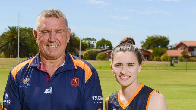 SMOSH West Lakes women’s coach Greg Phillips with player Remy Grant. Picture: AAP/Brenton Edwards