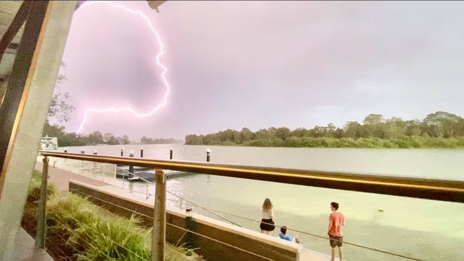 Dry lightning strikes on the Murray River in Renmark. Picture: Maegan McFall