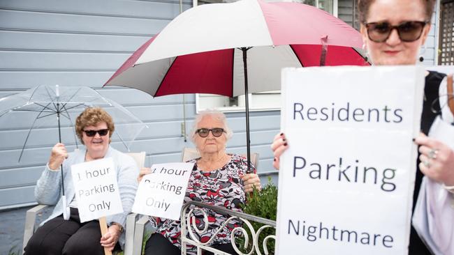 Residents in Hardie St, Mascot, protest the lack of parking in the street and nearby streets due to eight-hour parking zones. Picture: Flavio Brancaleone