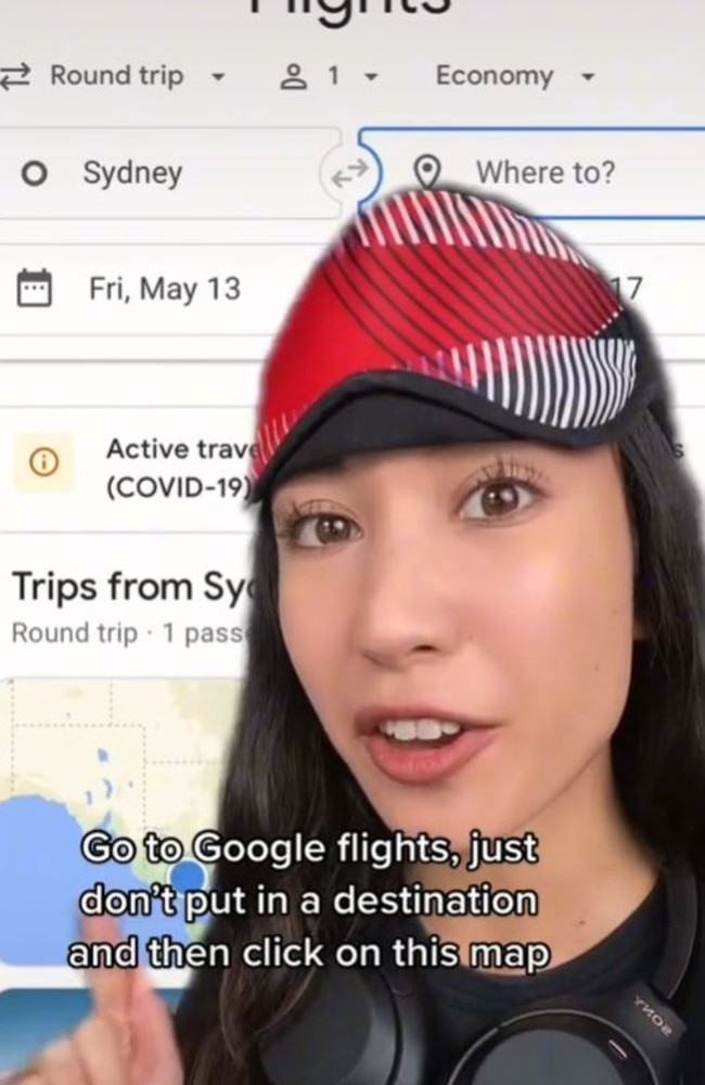 TikToker Queenie Tan said for cheap flights, search ‘Google Flights’, punch in your location and leave ‘where to’ empty. Picture: TikTok/investwithqueenie