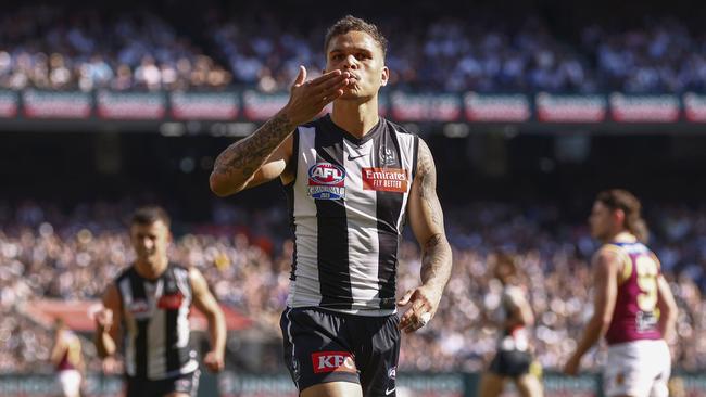 Bobby Hill of the Magpies celebrates kicking a goal during the 2023 AFL Grand Final match. Picture: Getty