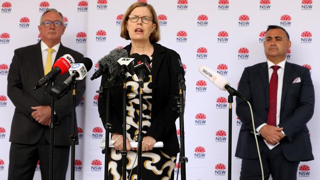 NSW Chief Health Officer Dr Kerry Chant pictured speaking at a COVID-19 update press conference at St Leonards on Thursday with Health Minister Brad Hazzard (left) and Acting Premier John Barilaro. Picture: NCA NewsWire / Damian Shaw