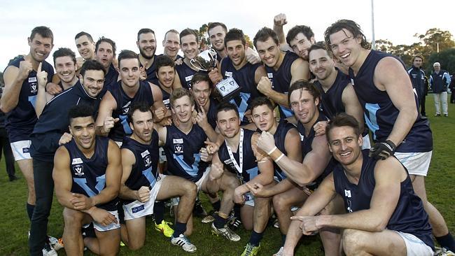 Vic Metro players celebrate their AFL Victoria Community Cup win over Vic Country on Saturday. Photo: Yuri Kouzmin