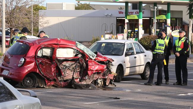 Lucy Paveley’s Nissan Micra after the fatal hit-run smash at on corner of Kings Rd and Main North Rd at Parafield on Sunday morning. Picture: AAP/Dean Martin