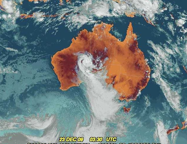 A picture of the low-pressure system that was Cyclone Laurence as it moved across Australia. Picture: Japan Meteorological Agency satellite MTSAT-1R via Bureau of Meteorology.