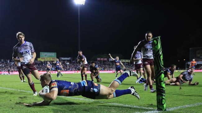 Dale Copley crosses against the Sea Eagles. Picture: Getty Images